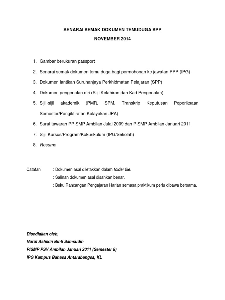 Senarai Semak Salinan Dokumen Temuduga Spp Pdf