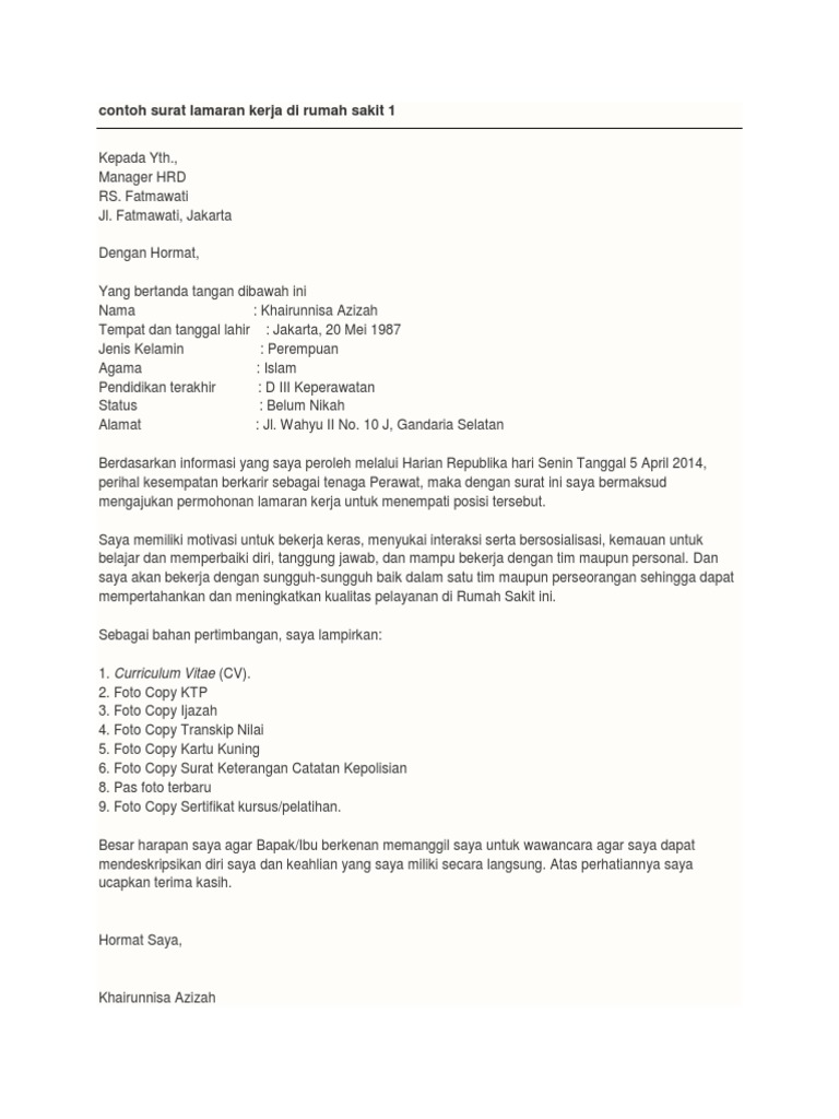 Contoh Surat Lamaran Kerja Di Rumah Sakit 1