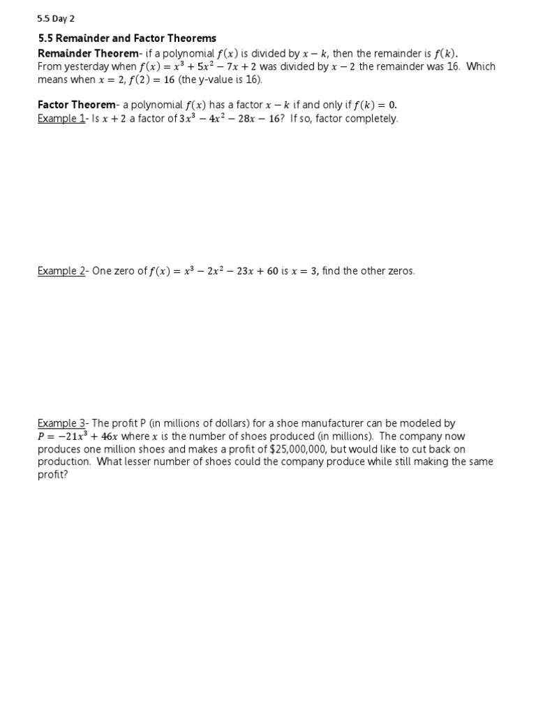 Remainder and Factor Theorem Worksheet | PDF