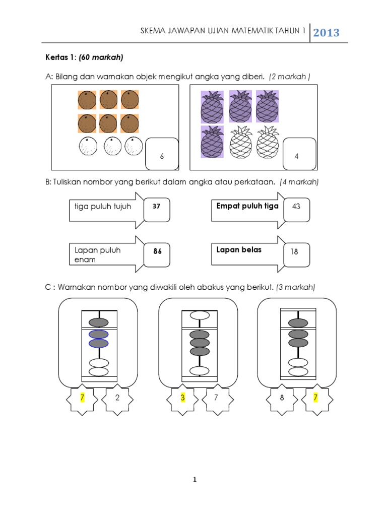 Jawapan Soalan Ujian Matematik KSSR Tahun 1