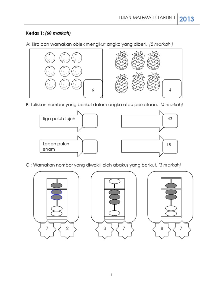Soalan Tahun 1 Matematik