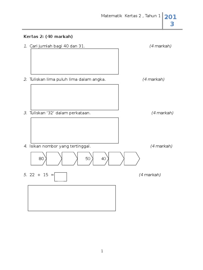 Soalan Ujian Matematik Kertas 1 KSSR Tahun 1