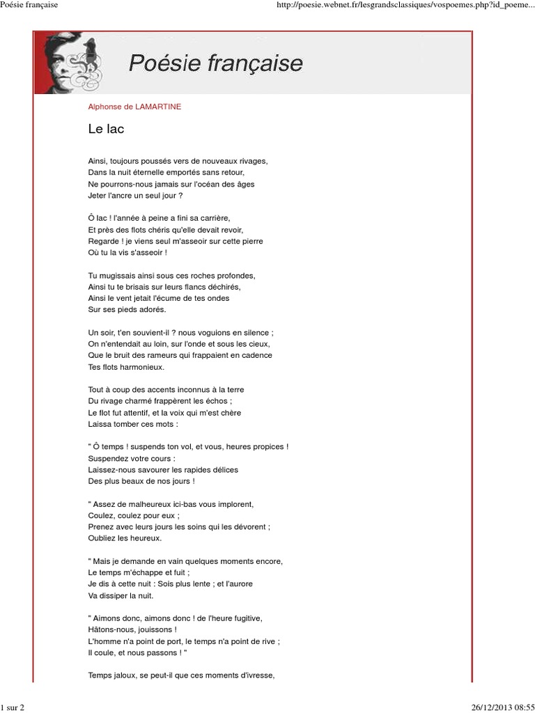 le lac, Alphonse de Lamartine Poésie Fiction et littérature