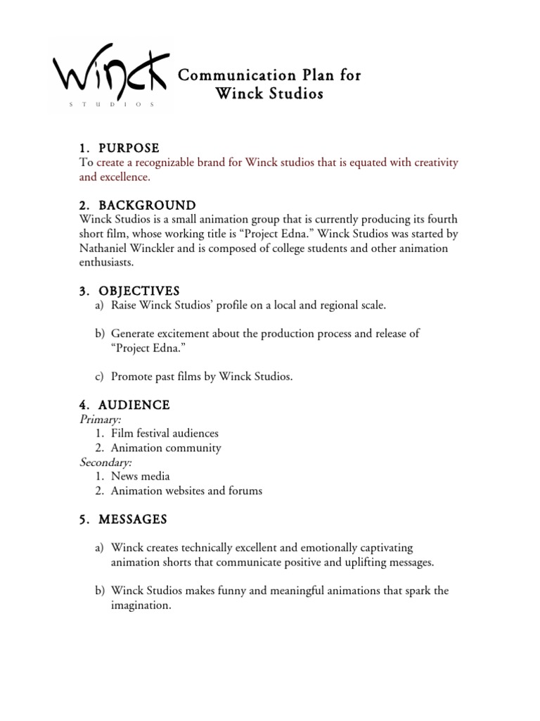 Winck Studios Communication Plan | PDF | Art