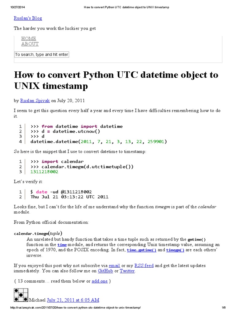 Convert Python UTC Datetime Object UNIX | | Computer Architecture | Software Engineering