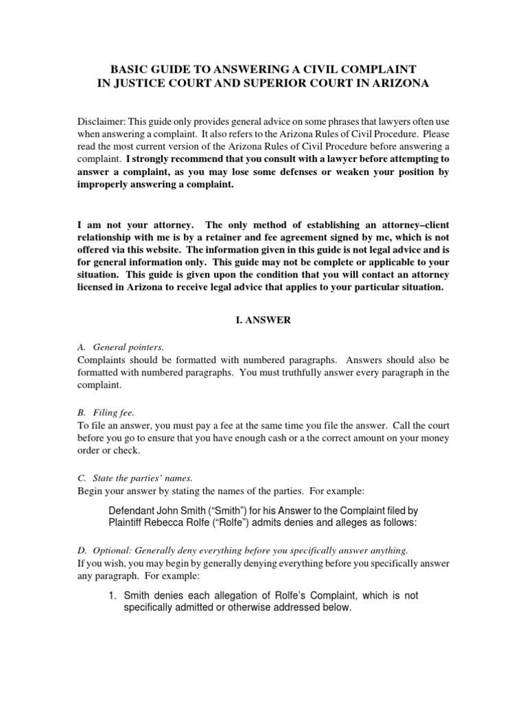 Basic Guide to Answering a Complaint in Superior Court in Arizona