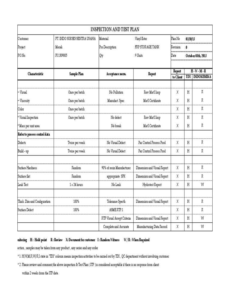 Inspection Test Plan for FRP Tank | PDF | Technology & Engineering