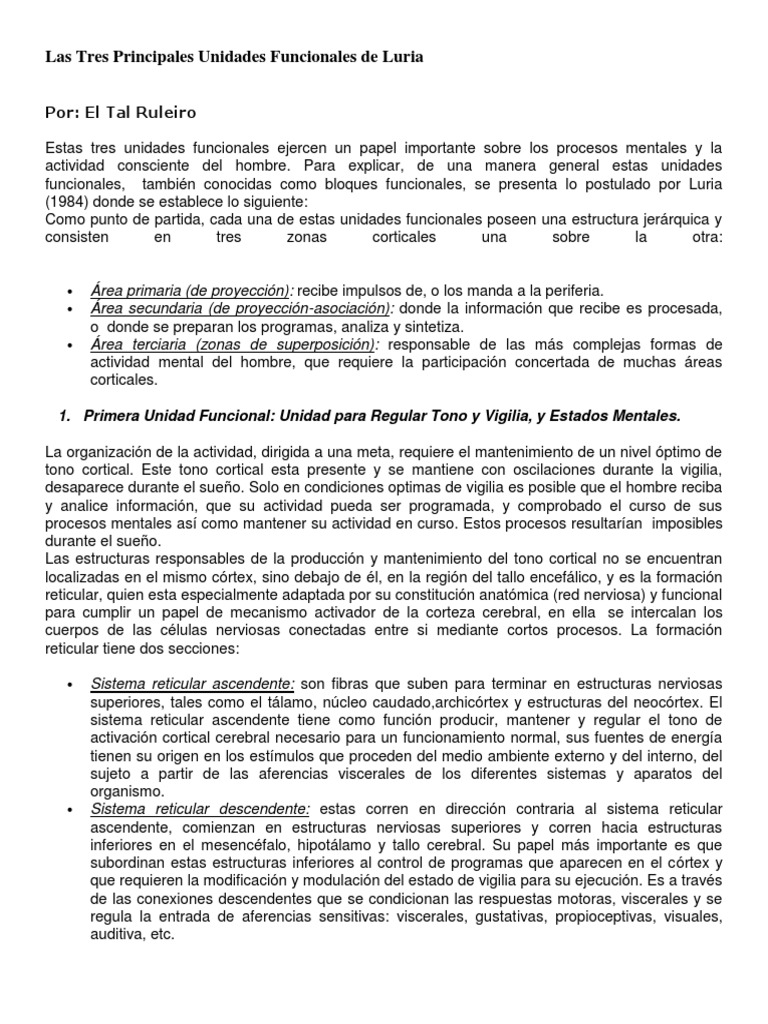 Las Tres Principales Unidades Funcionales de Luria | PDF | Corteza ...
