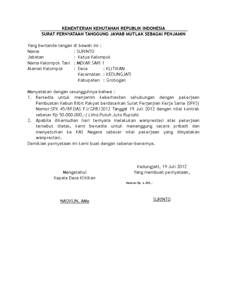 Surat Pernyataan Tanggung Jawab PPK KBR 2010
