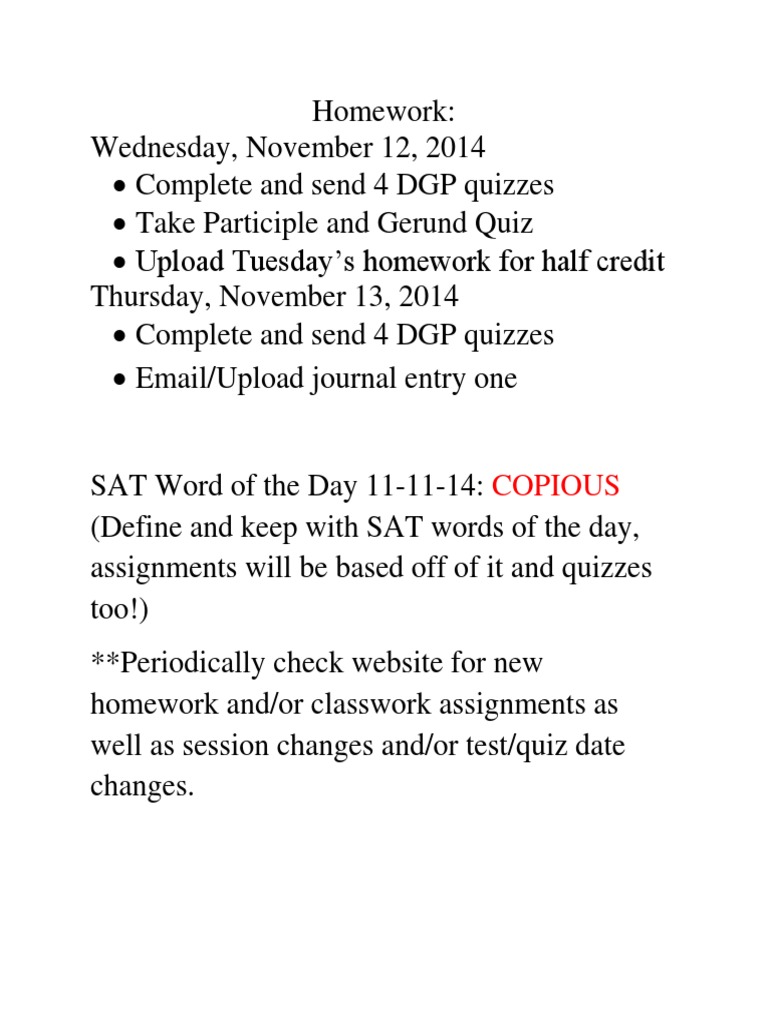 Homework Assignments for November 2014 | PDF