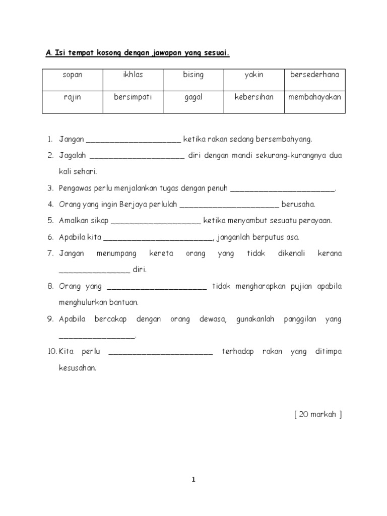 Soalan Ujian Pendidikan Moral Tahun 2 KSSR  PDF