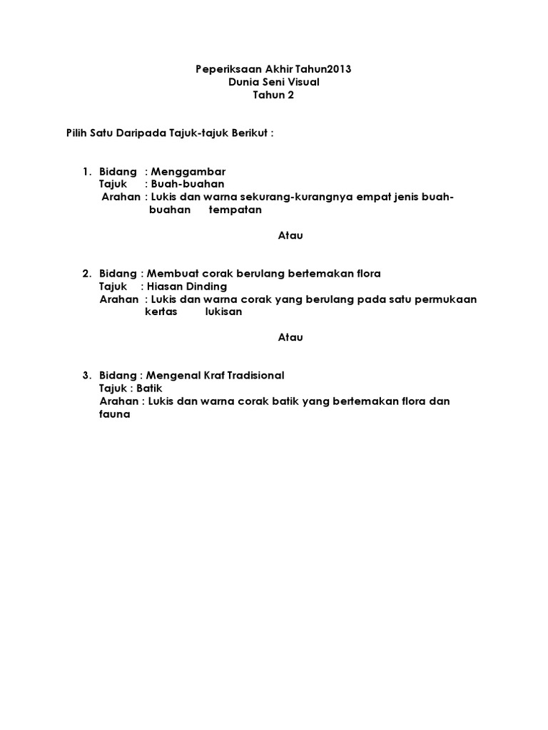 Soalan Peperiksaan Dunia Seni Visual Tahun 2 KSSR  PDF