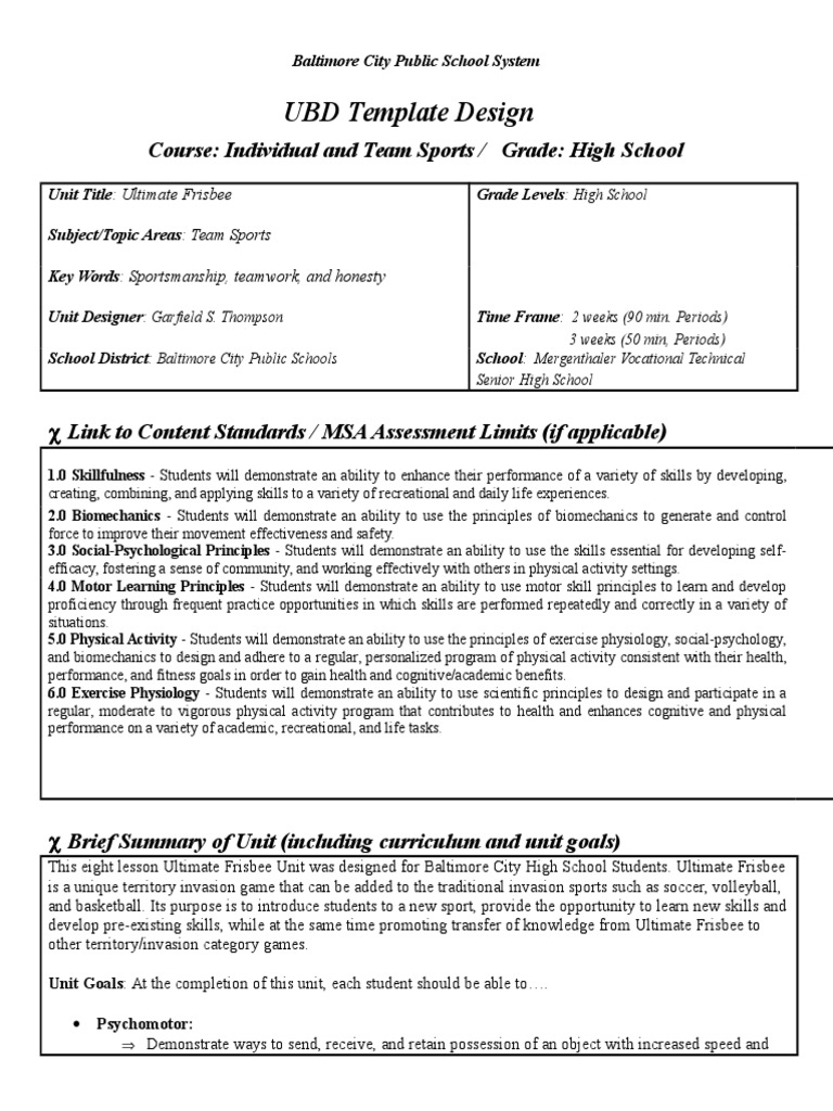 Ultimate Frisbee Unit[1] Revised | Educational Assessment | Rubric