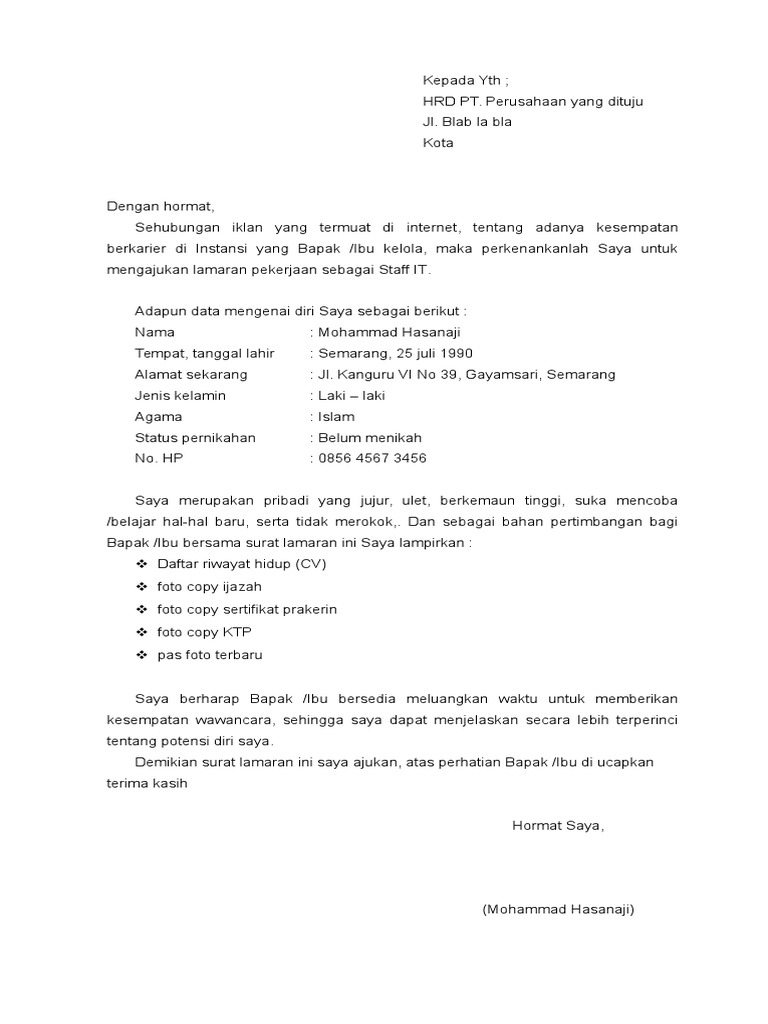 Contoh Surat Lamaran Kerja Ke Pabrik Rokok - suratlamaran.com