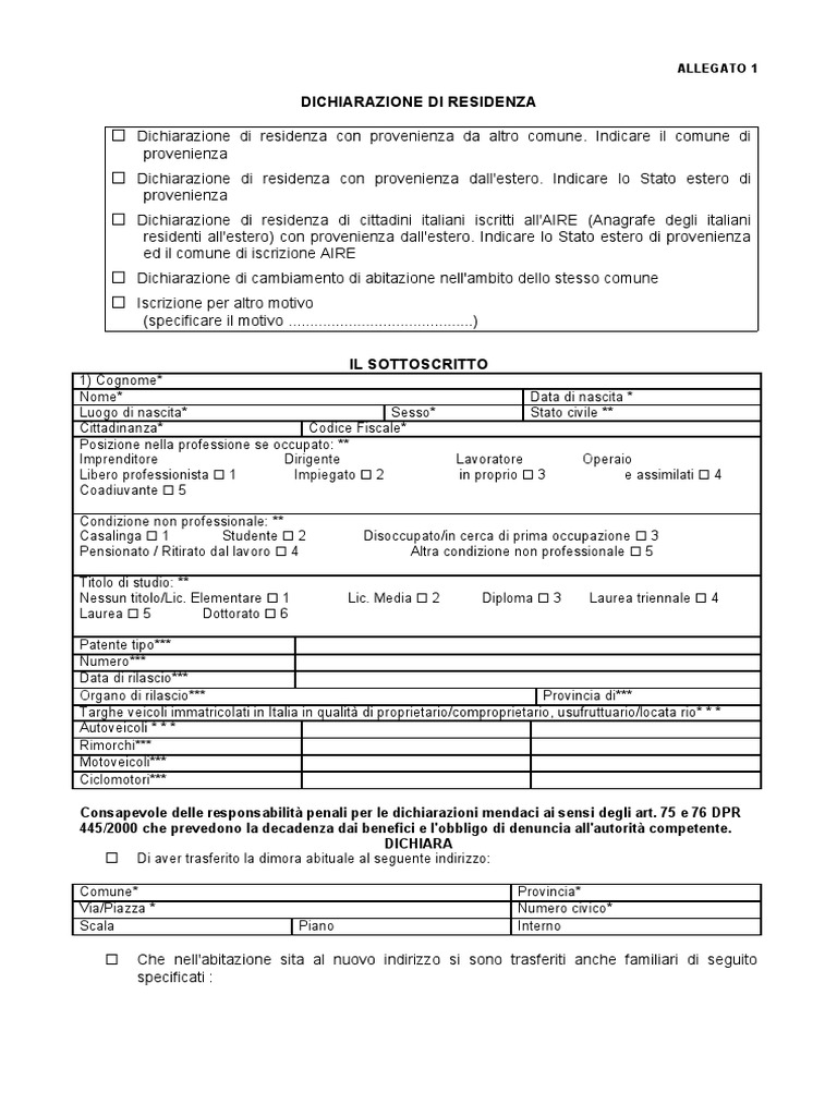 Dichiaraza Di Residenza PDF