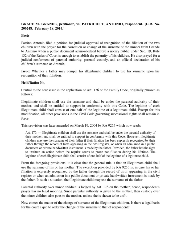 XIII. Paternity and Filiation D. Illegitimate Children Grande Vs