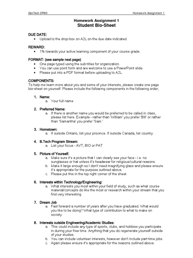 GenTech 2PW3 Student Bio-Sheet | PDF | Business