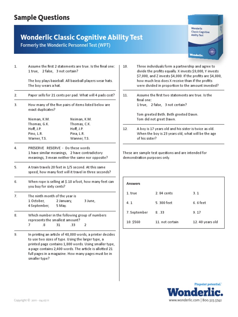 Wonderlic Classic Cognitive Ability Test Sample Questions PDF