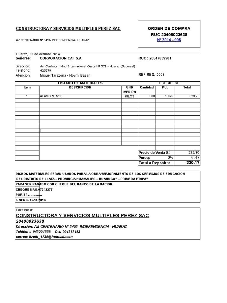 Formulario De Orden De Compra De Construccion