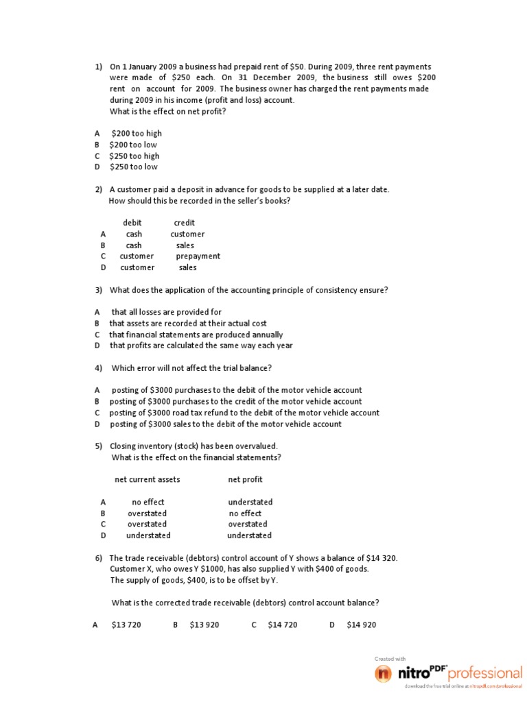 MCQ Test 1 Debits And Credits Business