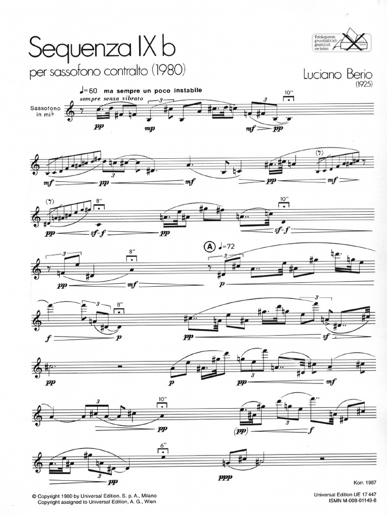Luciano Berio Interlinea ピアノ楽譜 Berio, Luciano. Sequenza Ixb | PDF