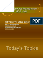 Human Resource Management - MGT - 501: Individual vs. Group Behavior