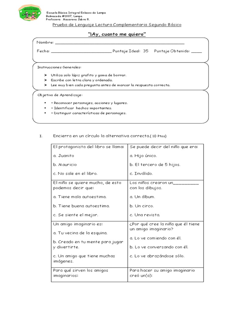 Prueba de Lenguaje Lectura Complementaria Segundo Básico 2 | PDF ...