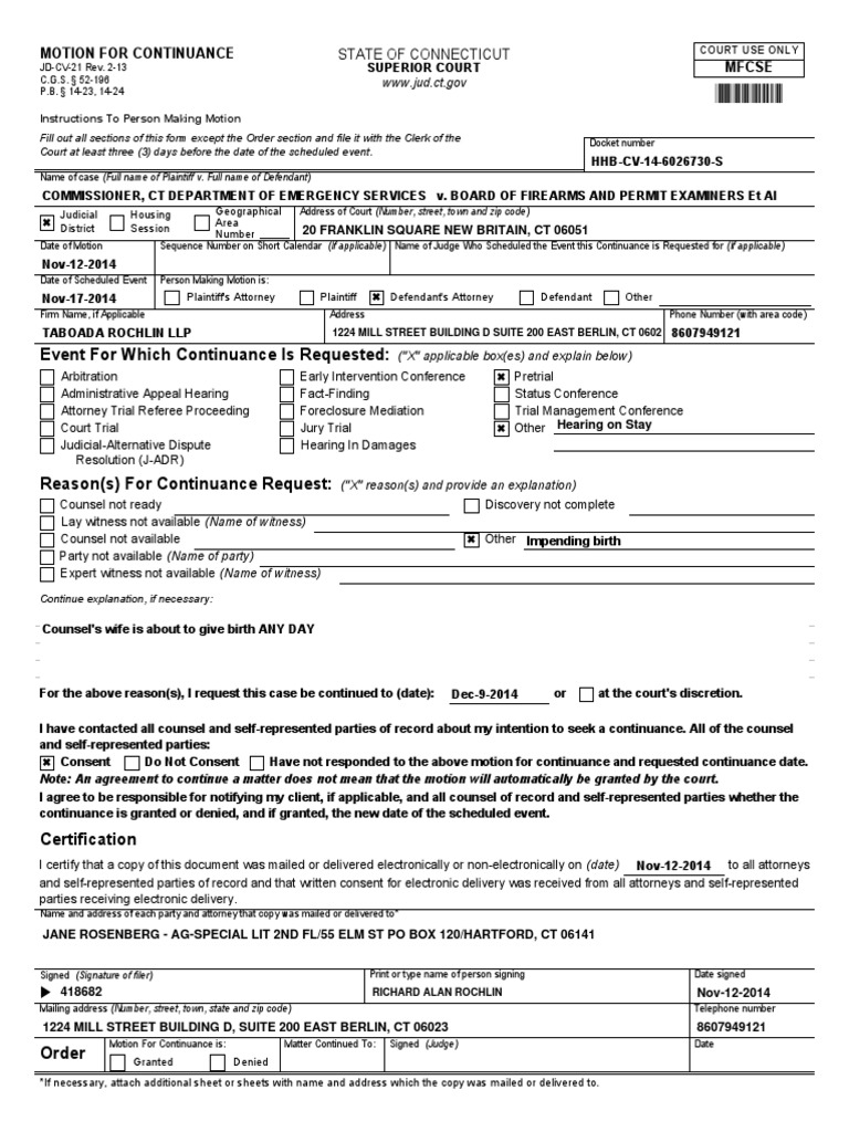 Motion for Continuance Form - CT Court | PDF | Continuance | Legal ...
