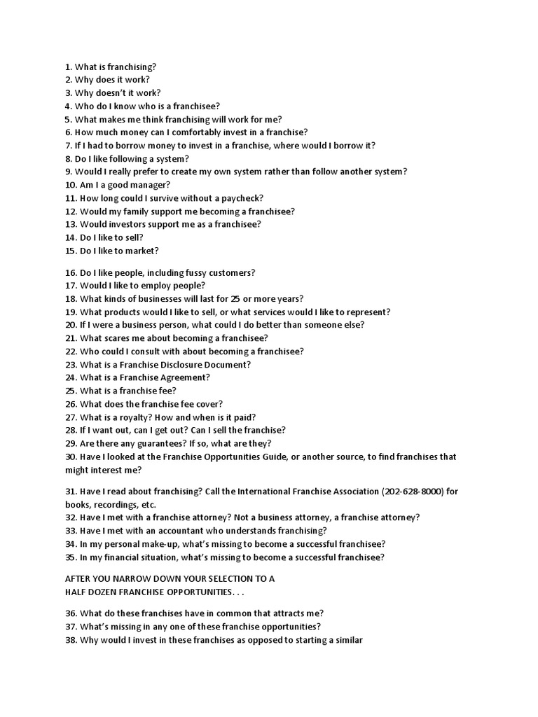 Essential Questions for Franchise Buyers | PDF | Franchising | Service Industries
