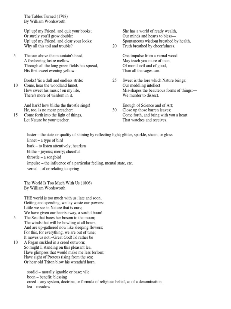 William Wordsworth The Tables Turned The World Is Too Much With Us