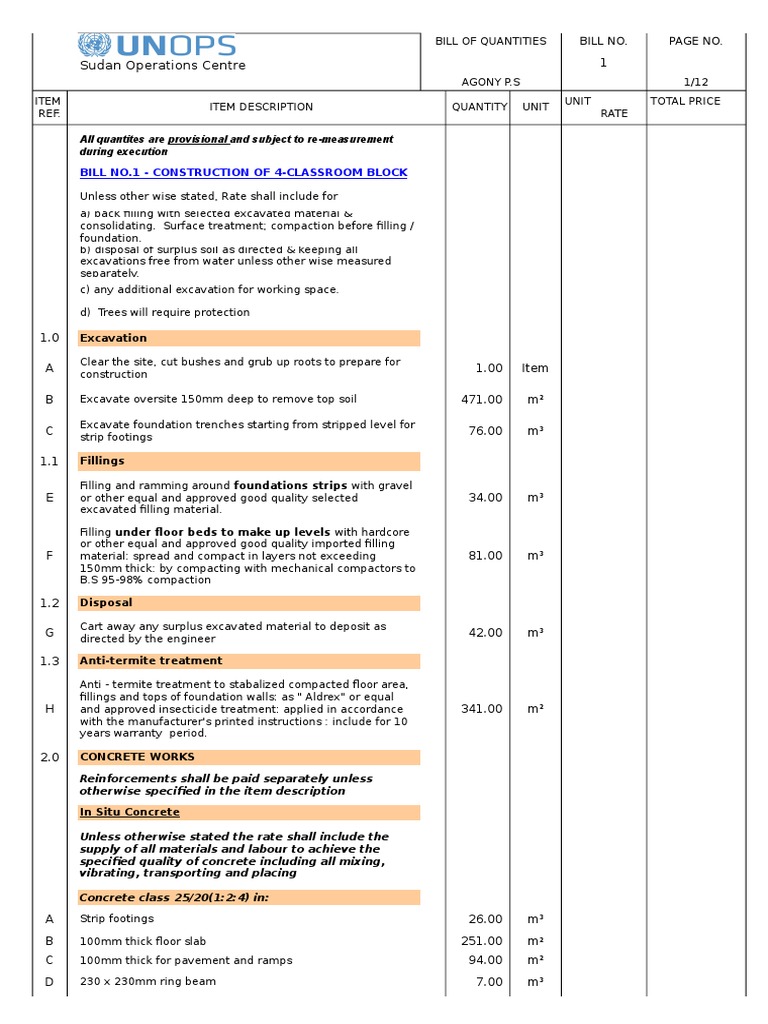 Bill of Quantities for Classroom Construction | PDF | Wall | Window