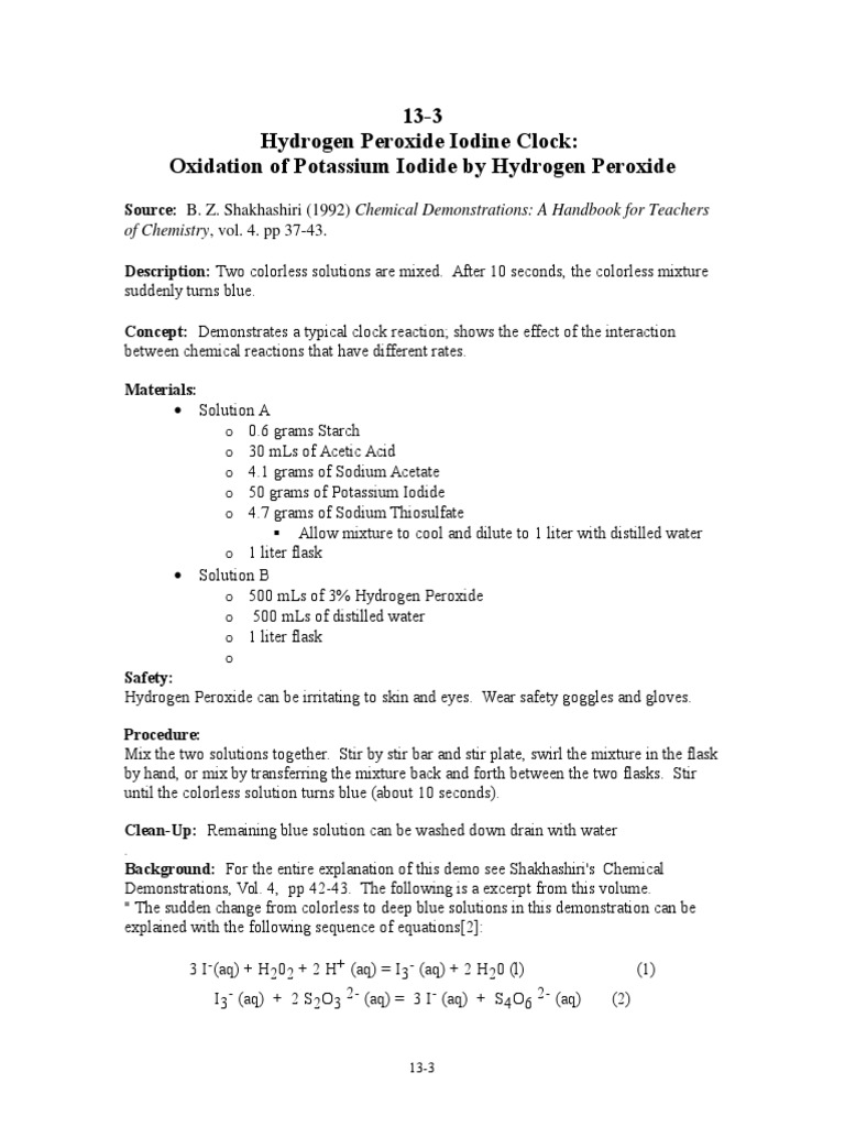 Hydrogen Peroxide Iodine Clock Demo | PDF | Science & Mathematics