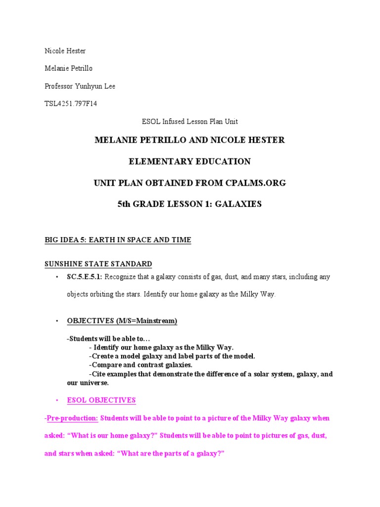 Esol Unit Plan Natural Satellite Solar System