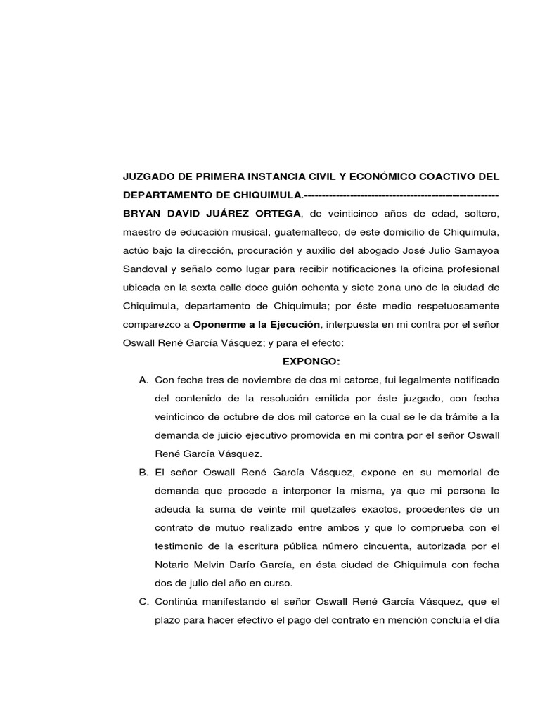 Oposición A Juicio Ejecutivo | PDF | Evidencia (ley) | Demanda judicial
