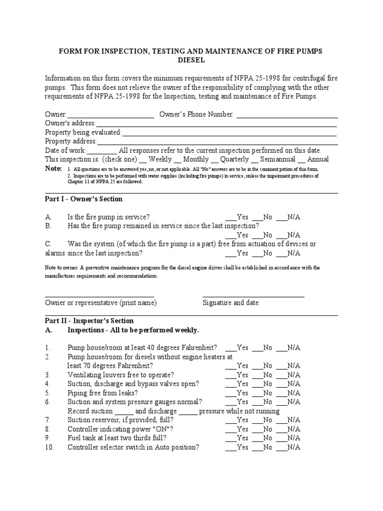 Diesel Inspection Testing Form | Pump | Battery (Electricity)
