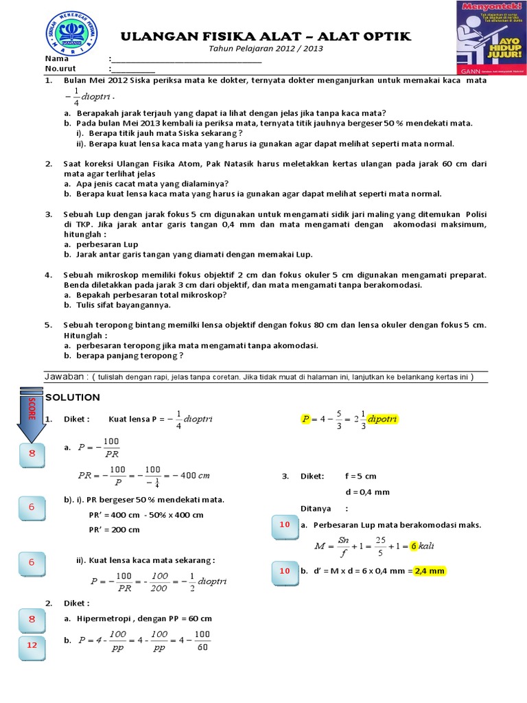 Soal Dan Pembahasan Ulangan Fisika Alat Optik