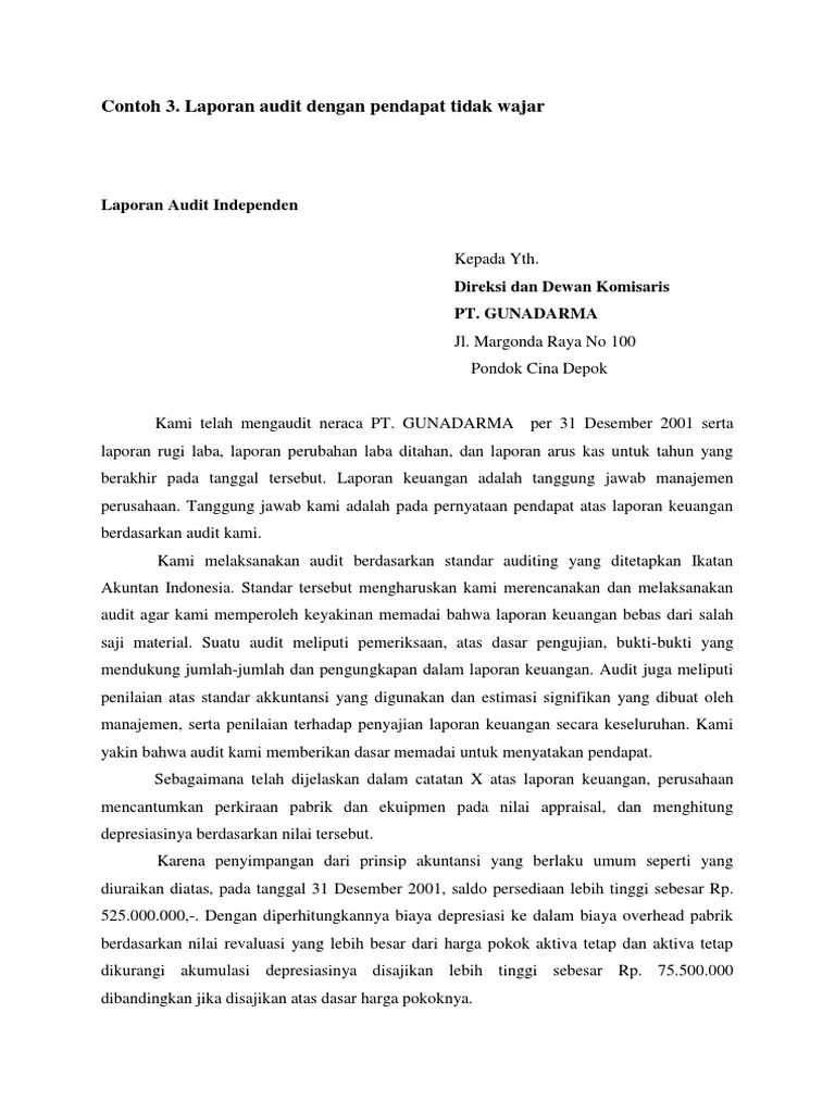 Contoh Laporan Auditor Independen Tidak Wajar