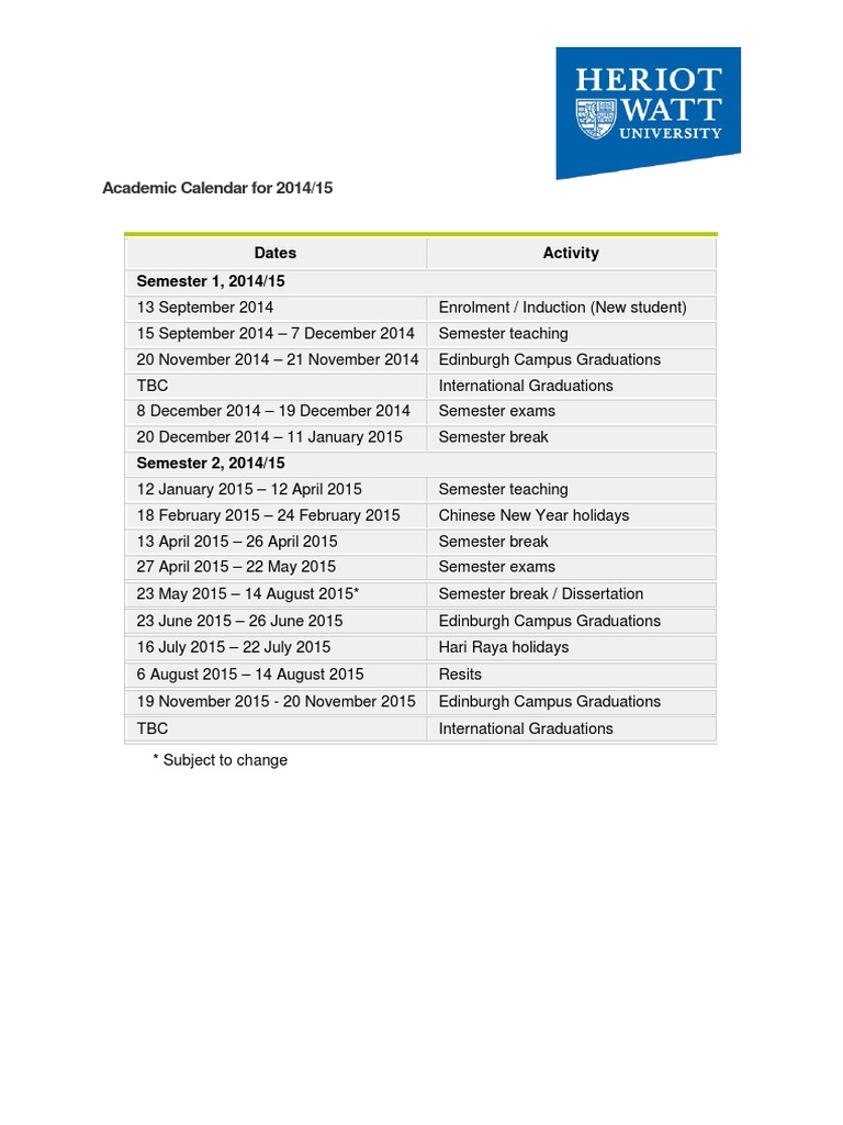 Heriot-Watt Malaysia Academic Calendar 2014/16 | PDF | Academic Term | Academia