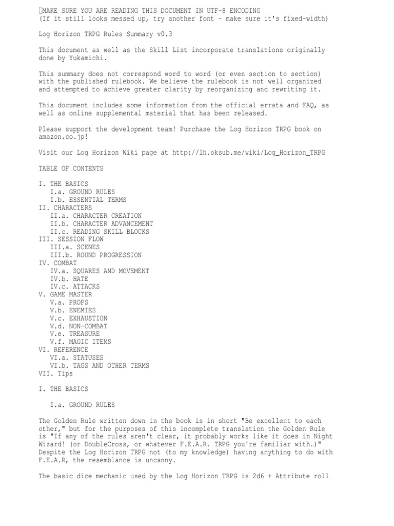 Log Horizon Trpg Rules Summary V0 3 Visual Perception Leisure