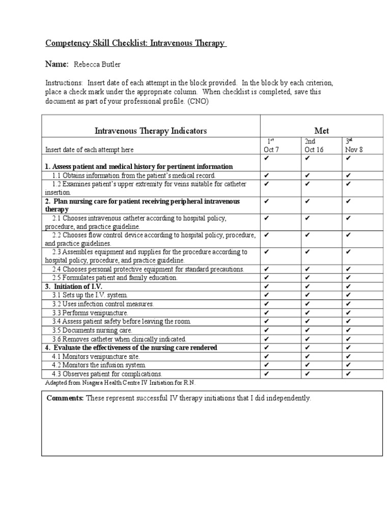 IV Therapy Competency Checklist | PDF | Science & Mathematics