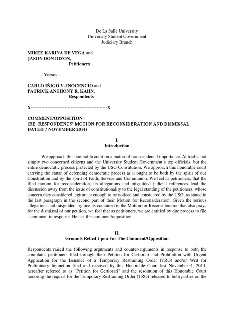 Comment on Motion for Reconsideration and Dismissal Injunction