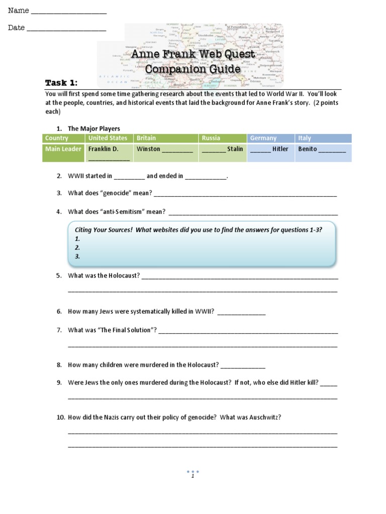 Anne Frank Web Quest Pdf The Holocaust Fascism