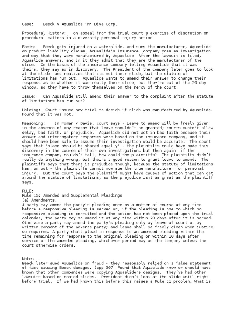 Beeck V Aquaslide 'N' Dive Corp. PDF Pleading Prejudice (Legal Term)
