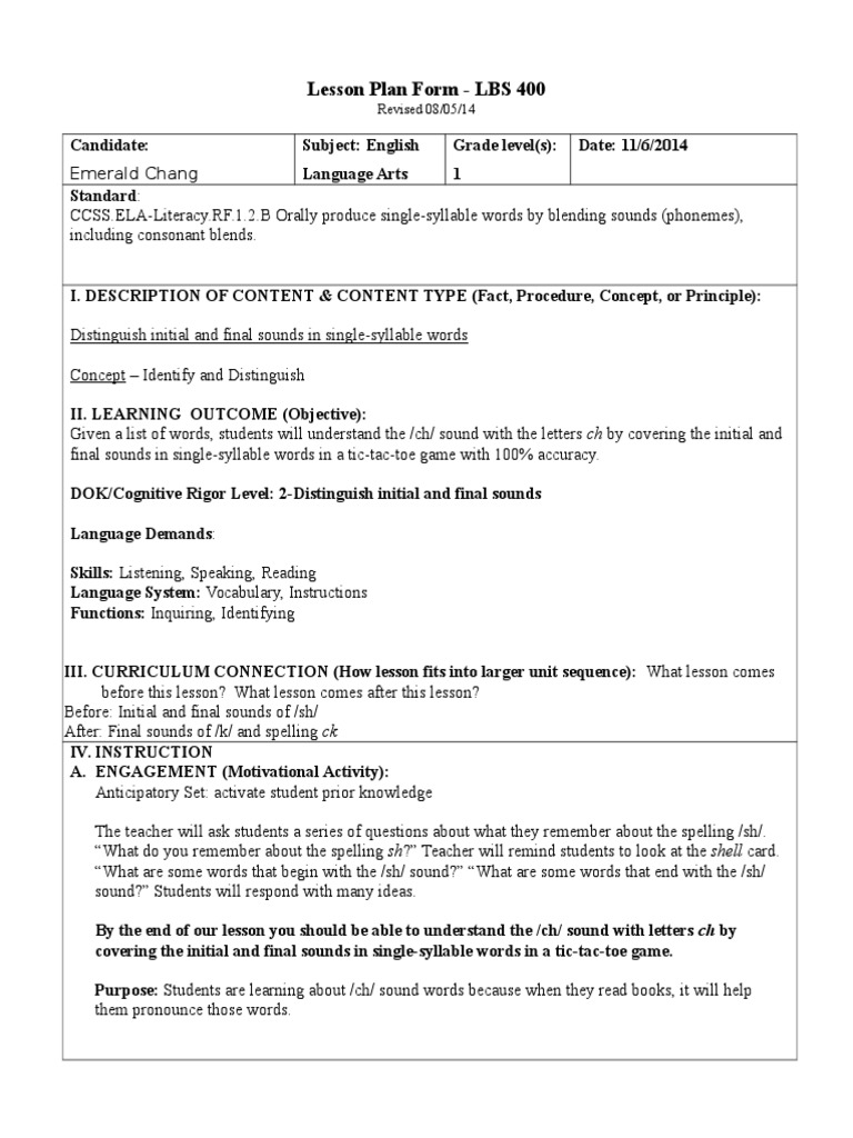 1st grade lesson plan phonics chsound macarthur elem Phonics