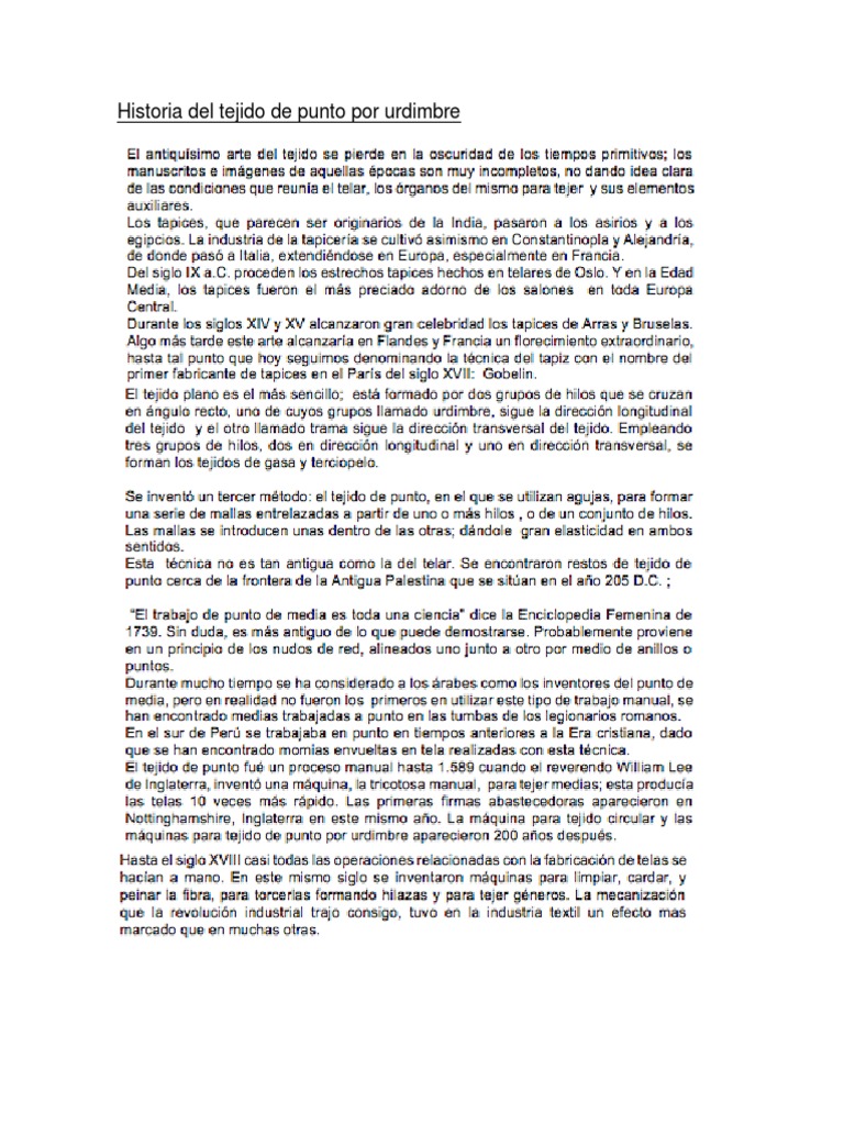Historia Del Tejido de Punto Por Urdimbre PDF Cordón Telar