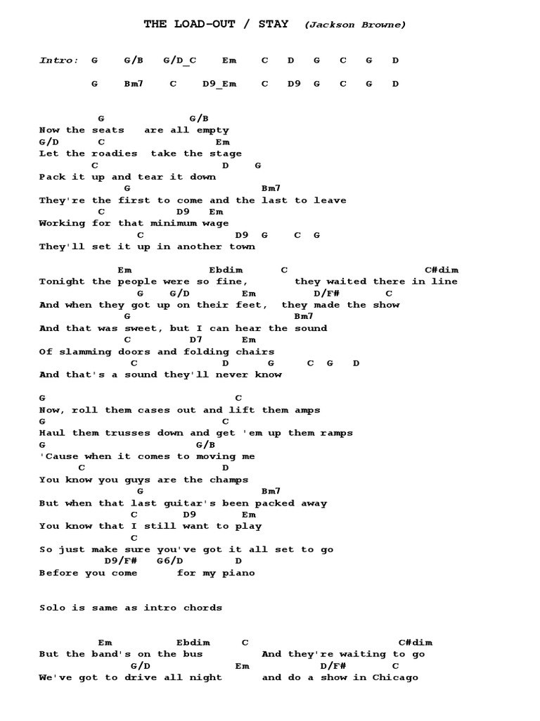 THE LOADOUT / STAY Jackson Browne guitar chords pdf Songs Entertainment (General)