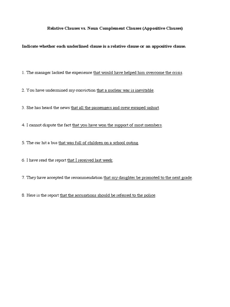 Relative vs. Noun Complement Clauses | PDF | Politics