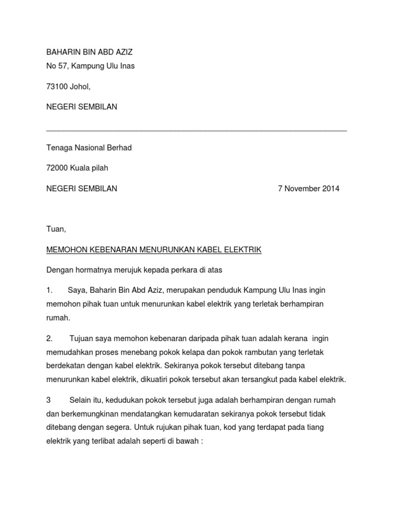 Surat Kepada Majlis Daerah Pohon Tebang Pokok