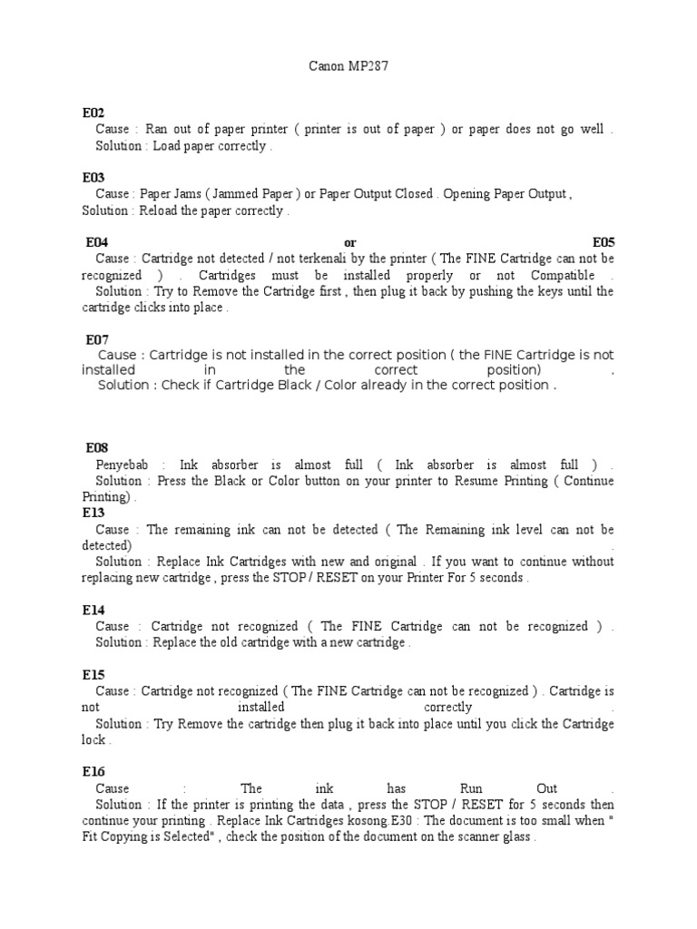 How To Fix And Troubleshoot Canon Pixma Mp287 Printer Error Codes Pdf