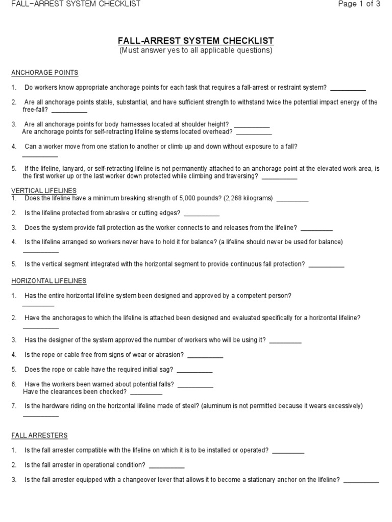 FallArrest System Checklist Download Free PDF Manufactured Goods Nature